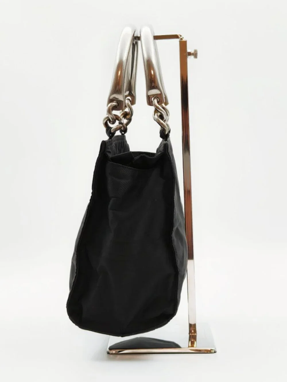 Prada Black Nylon Mini Tote Bag Silver Chain Handle Triangle Logo